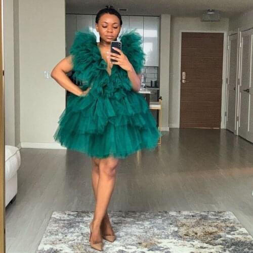 Dark Green V Neck Tiered Tulle Dresses Puffy Chic Photo Shoot Gowns Formal Dresses African Women Formal Vestidos