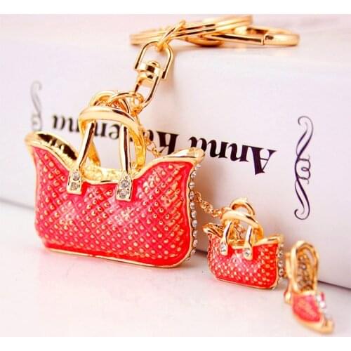 Creative cute 5 color ladies handbag keychain artificial rhinestone three-piece shape keychain metal pendant craft gift