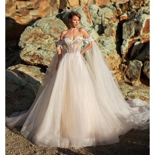 Gorgeous Wedding Dress 2021 A-Line Sweetheart Off Shoulder Lace Appliques Sequins Sweep Train Bride Gown Vestidos De Noiva