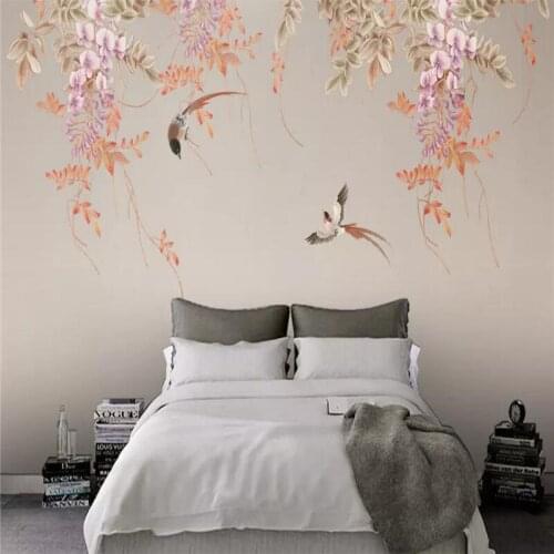Wisteria hand-painted flowers and birds fresh leaves background wall