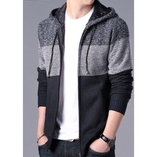Knitted Sweater Male Fleece Hoodies Coats 2021 Thick Cardigan Mens Sweater Zipper Striped Hooded Colorblocking Fashion Warm Slim