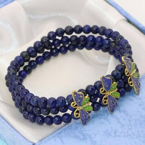 High grade gifts cloisonne spacers natural blue lapis lazuli 4mm round beads 3 rows multilayer elastic bracelets jewelry B2777