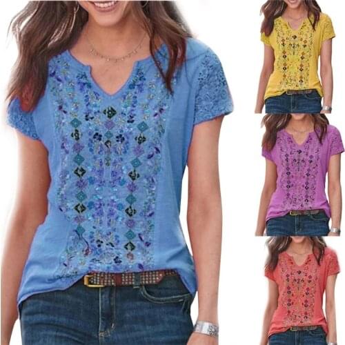 Women Hollow Out Lace Short Sleeve T-Shirts Sexy Notched V-Neck Casual Loose Tunic Tops Boho Floral Print Summer Blouse