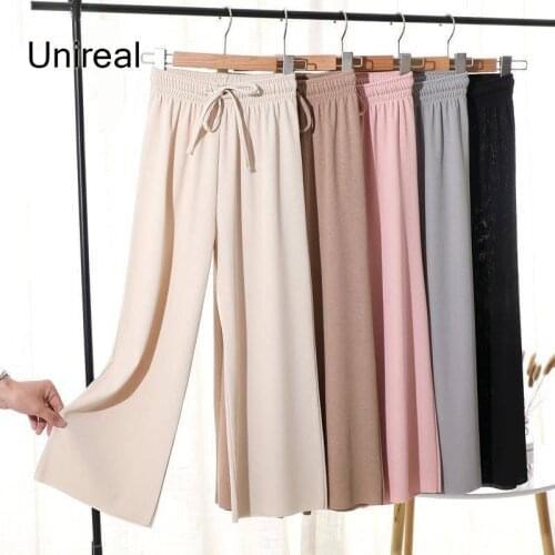 Unireal 2021 Summer Women Wide Leg Pants Trousers Elastic High Waist Casual Palazzo Pants Plus Size XXXL