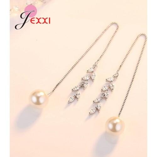 Personality 925 Sterling Silver Long Drop Earrings for Women Girls Star Ball Geometric Style Clear Zirconia Pearl Jewelry