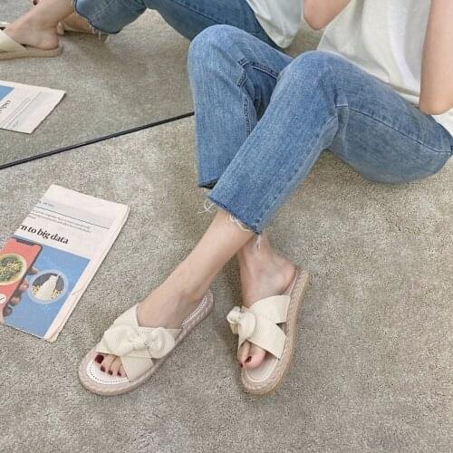 Womens Solid Color Linen Beach Shoes Sandals Slippers Womens Indoor Slippers Womens Bowknot Sandals Womens Shoes