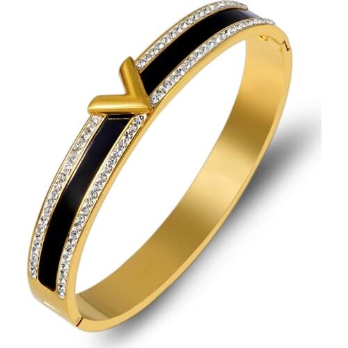Fashine Full Crystals Letter V Bangles & Bracelets Gold Black Women Jewelry Stainless Steel Charm Cuff Bangle Bijou Accessory