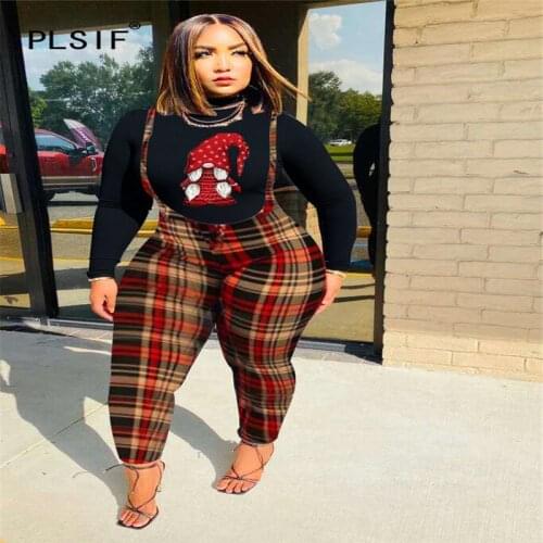 Christmas Festival Women Set Full Sleeve 2 Pieces Clothes Suit Two Pieces Plaid Print Tracksuit Outfits