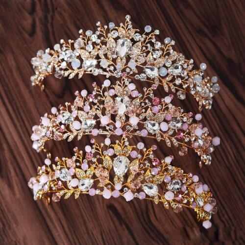 3 Colors Fashion Crystal Tiara Pink Pearl Bridal Crown Bride Headband Hairband Headpiece Veil Tiara Wedding Hair Accessories