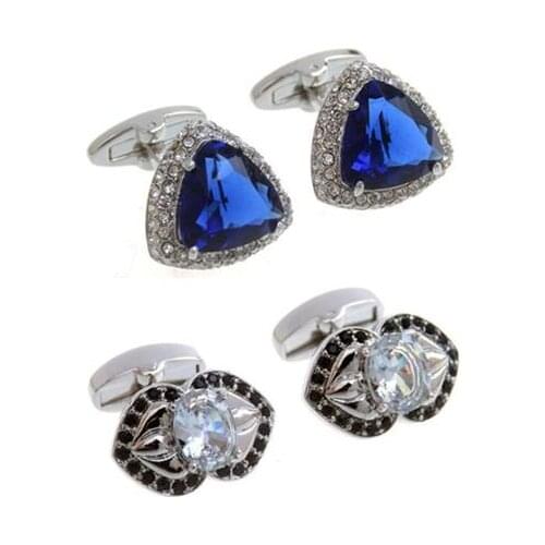 5pairs/lot Triangle Big Blue Zircon Cufflinks White Crystal Rhinestone Cuff Links Business/Wedding Gift Mens Jewelry Wholesale