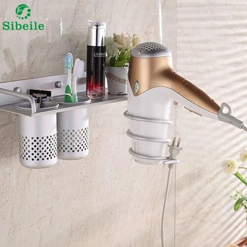 SBLE Aluminum Multinational Wall-mounted Sturdy Hair Dryer Shelf Storage Holder Wall Hanger Bathroom Accessories with 2 Cups
