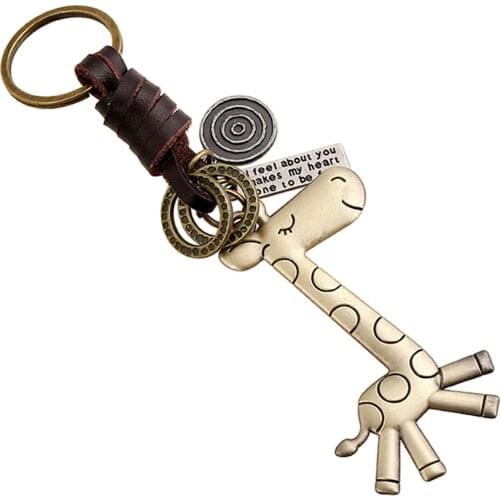 Charm Genuine Leather Giraffe Vintage Bag Keychains Punk Men Car Key Chain Ring Holder Novelty Women Accessories Gift FY015