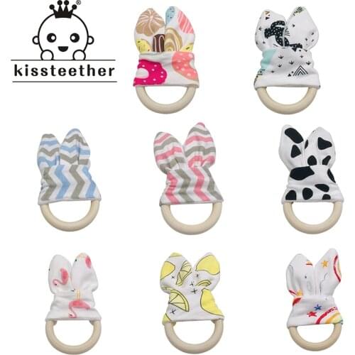 1pcs Bunny Ear Teether Wood Ring Teether Bell 68mm Natural Wood Teether Circle Fabric Wooden Teething training Baby Teether