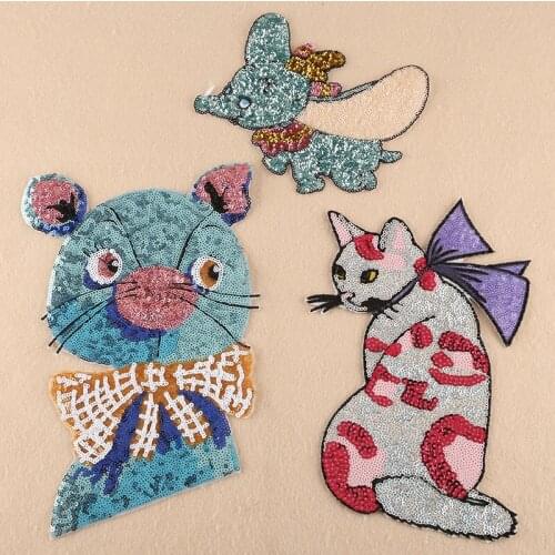 European popular high quality embroidered cartoon mouse cat sequin sewing 3D patch jacket jeans decoration DIY applique iron