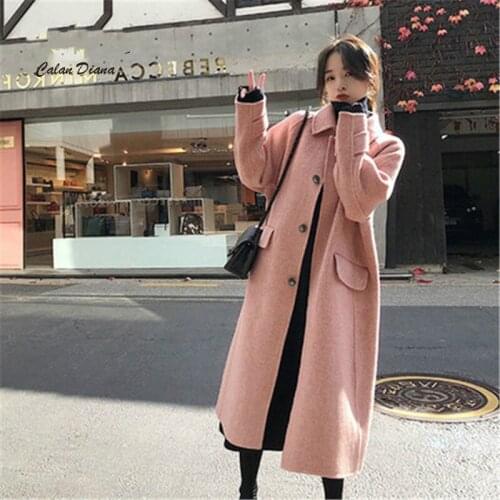 European Trend of Autumn and Winter New Slim Pink Woolen Coat Womens Mid-length Over The Knee Loose Woolen Coat