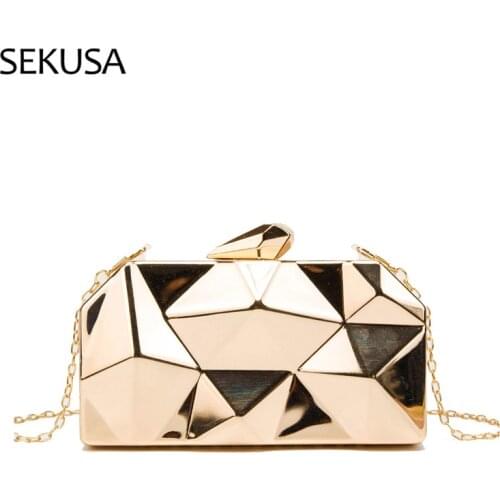 Geometric Metal Fashion Box Party Clutch for Women Luxury Design Bag Casual Gold Purses and Handbags Wedding Chain Shoulder Bag