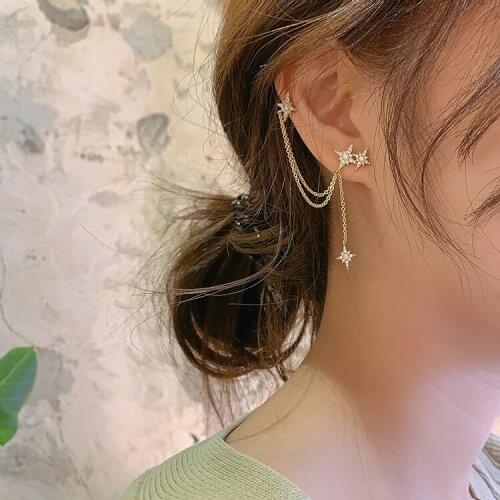 Korean Gold Color Long Tassel Star Meteor Pendant Shining Crystal Drop Stud Earrings Cuff For Women Gifts Fashion Jewelr