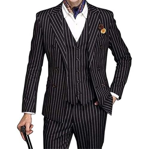 Black Slim Fit Mens Suit Set 3 Pieces Wedding Groomman Pinstripe Notched Lapel Tuxedos（Blazer+Vest+Pants) Double Breasted Jacket