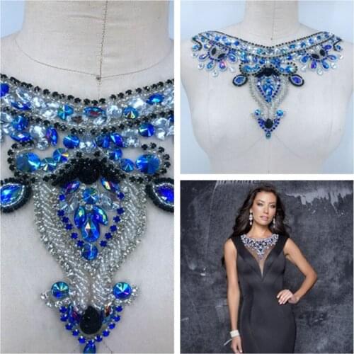 Handmade blue Hot drilling Rhinestone lace embroidery patch collar applique wedding dress bordados DIY Performance clothing
