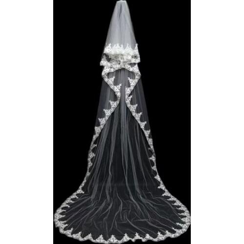 Bridal Veil Lace Applique Pearl 3 M Long Trailing Wedding Veil Wedding Dress For Wedding