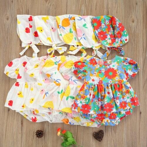 Summer Baby Girls 2Pcs Sweet Bodysuit Set Puff Sleeves Ruffle Cartoon Print Tutu Skirt Jumpsuit with Sun Hat Set