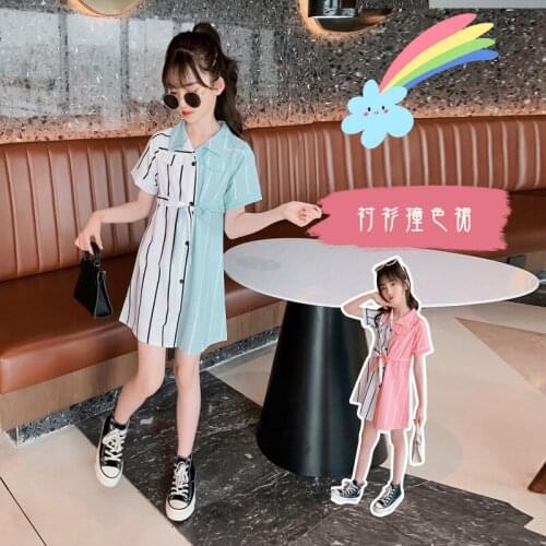 Girls Summer Thin Stripe Single-breasted Dresses With Belt 2021 Children Clothes Princess Dress Sukienka Dziewczynka