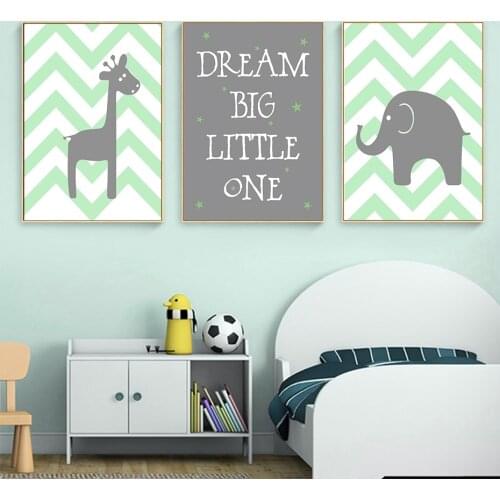 Cartoon Modern Text Giraffe Elephant Green Gray Canvas Painting Nursery Wall Art Poster Pictures Kids Room Decoration Home Decor