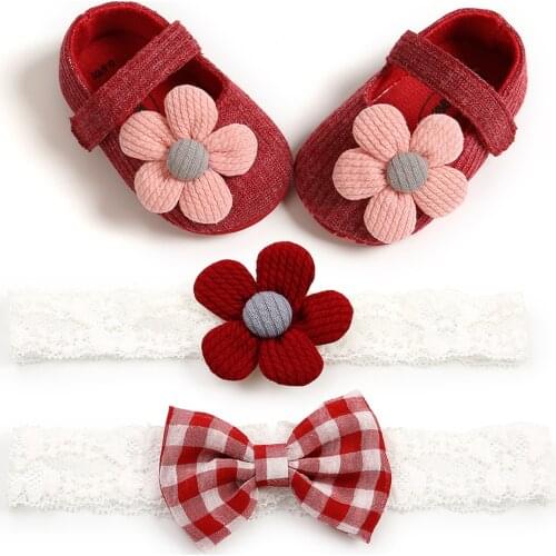 Cute Baby Girl Shoes and Headband Set Soft Sole Floral First Walkers and Hairbands 3 Piece Set for Infant Girls