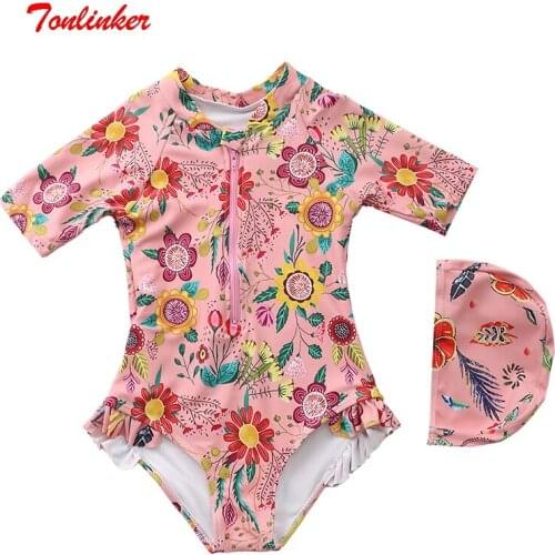 New 2021 Childrens Swimwear Summer Infant Baby Girls Sun Suit Long Sleeve Print Swimsuit Bathing Clothes And Swimming Cap Set