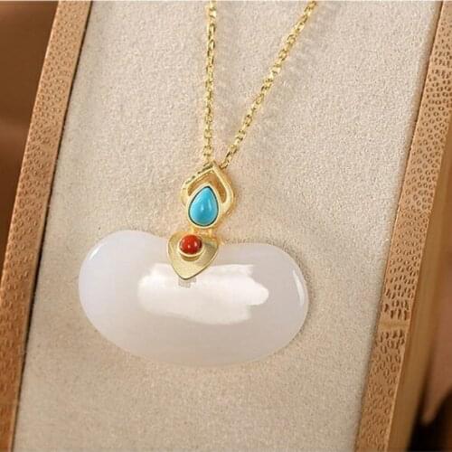 New silver inlaid natural Hetian white jade pendant necklace Chinese style retro unique gilding craft womens brand jewelry