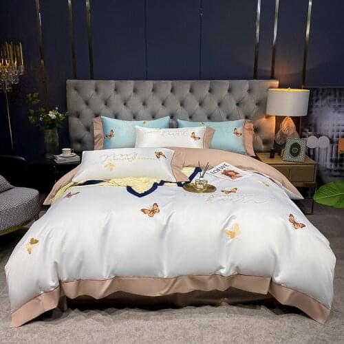 New Luxury Butterfly Embroidery Cotton Bedding Set Sleeping Naked Soft Silky Duvet Cover Bed Linen Fitted Sheet Pillowcases 4Pcs