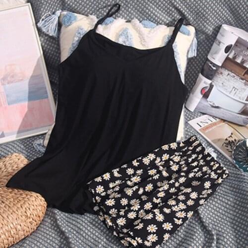 Modal Pajamas Set Women Chest Pad Sling Sexy Shirt Shorts Pyjama Set Print Flower Summer Female New Sleepwear kPaCotAkoWka