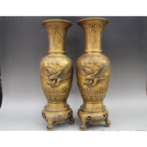 Fine Chinese Fengshui Copper Brass Lucky Pine Tree Eagle Bottle Pot Vase A Pair
