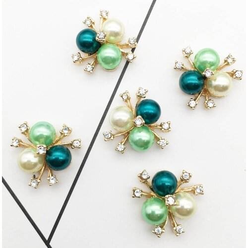 10pcs/lot 20mm*20mm Green Pearl Rhinestone Buttons for Craft Wedding Invitation Card DIY Girl Hair Bowknot Metal Snap Buttons