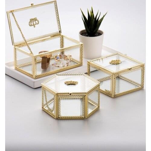 Luxury Golden Copper Crown Jewelry Box Geometrical Clear Glass Storage Boxs Bracelets Earrings Cosmetic Organize Container Acces
