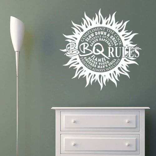 Barbecue Rules Vinyl Wall Decals Kitchen Restaurant Decoraiton Hot Sun Shape Wall Sticker Flames Vinyl Wall Murals Art AZ907