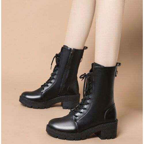 MCCKLE Women Boots Lace Up Woman Ankle Boots Pu Leather Block Med Heels Female Fashion Autumn Boots 2021 Botas New Ladies Shoes