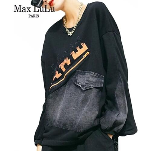 Max LuLu Zipper Casual Loose Womens Tee Shirts 2021 Autumn Korean Style O-Neck Design Harajuku Tops Ladies Vintage Punk Clothes