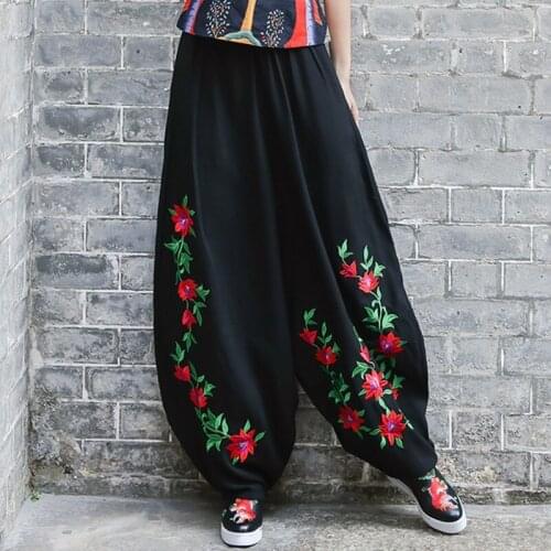 Vintage Palazzo Pants Women 2019 Ethinc Cotton Linen Trousers Floral Embroidery Trausers Black Traditional Chinese Pants TA950