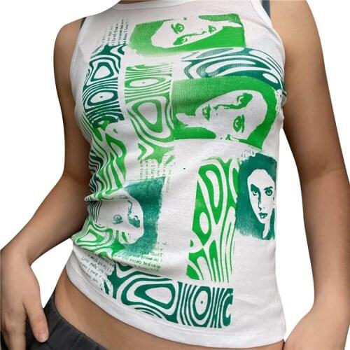Xingqing Women’s Causal Round Neck Vest Fashion Abstract Portrait Print Exposed Navel Sleeveless Tops Crop Top Streetwear