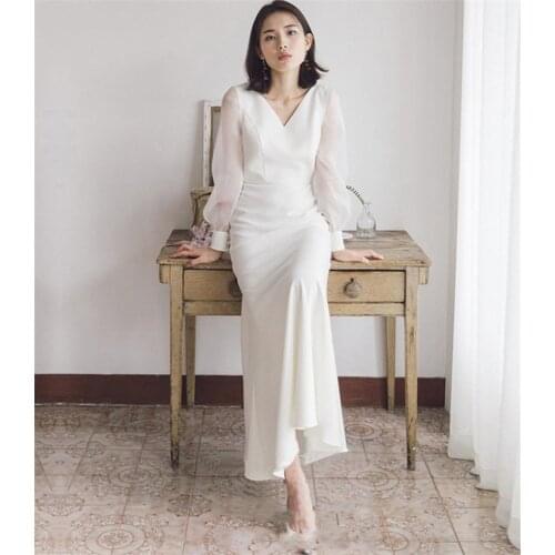 2021 Ankle Length A-Line Soft Satin Long Sleeve V-Neck Sexy Button Simple Plain Wedding Dress Bride Gown Vestidos De Novia