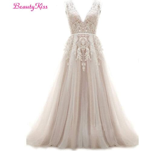 Sexy V-Neck Open Back Tulle Lace Bridal Dresses Vestido De Novia A-Line Sleeveless Appliques Sweep Train Bridal Wedding Dress