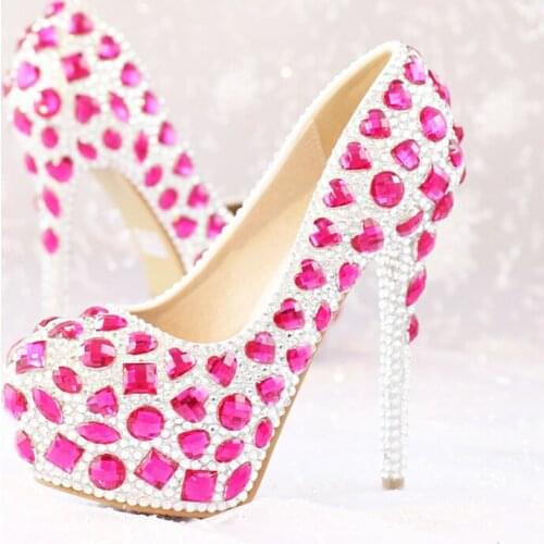2020 High Heel Luxury Rhinestone Bridal Dress Shoes Pink Crystal Wedding Shoes Womens Modeling Event Platform Party Prom Shoes