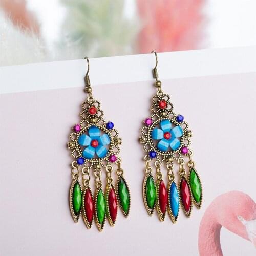 Bohemian Colorful Flower Alloy Tassel Earrings For Women Vintage Gold Color Multilayer Female Weddings Party Earrings Jewelry