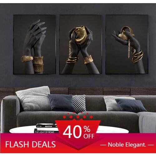 Black and Gold Hand with Gold Bracelet Oil Painting on Canvas African Art Posters Prints Wall Pictures for Living Room Decor