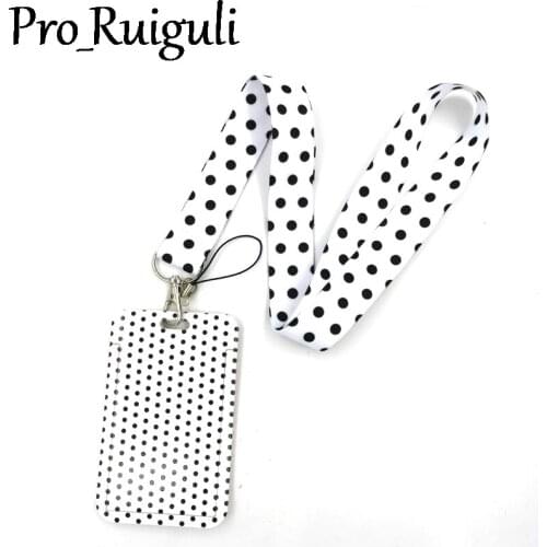 Black White Wave Point Lanyard Credit Card ID Holder Bag Student Women Travel Card Cover Badge Car Keychain Decorations
