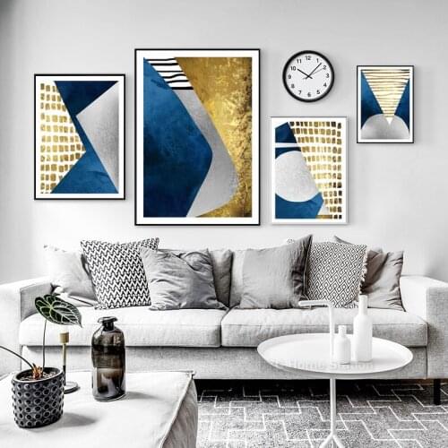 Canvas Poster And Print Abstract Blue Golden Geometric Combination Luxury Modern Living Room Decoration Wall Art Picture