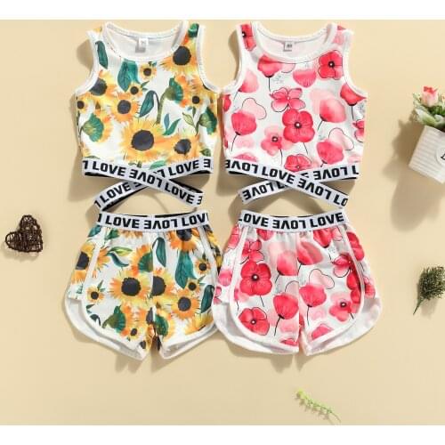 Cute Baby Girls Clothes Set 2021 2 Pcs Toddler Summer Outfits Girls Flower Letter Print Round Neck Cross Cutout Tank Tops Shorts