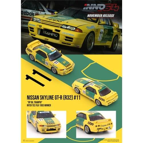 INNO 1:64 Nissan Skyline GT-R R32 BP OIL TRAMPIO Inter TEC Fuji 1993 #11 Diecast Model Car