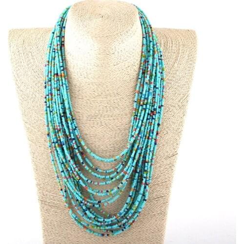 MOODPC Fashion Bohemian Tribal Jewelry Blue Acrylic Beads Layered Multi Strand Necklaces